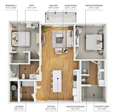 Floor plan for 2 beds, 2 baths, 1018 sqft